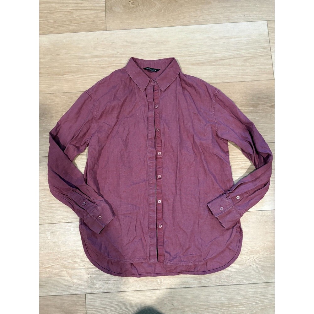 Athleta Playa Shirt Women's M 100% Linen Button Down Tunic Plum Burgundy